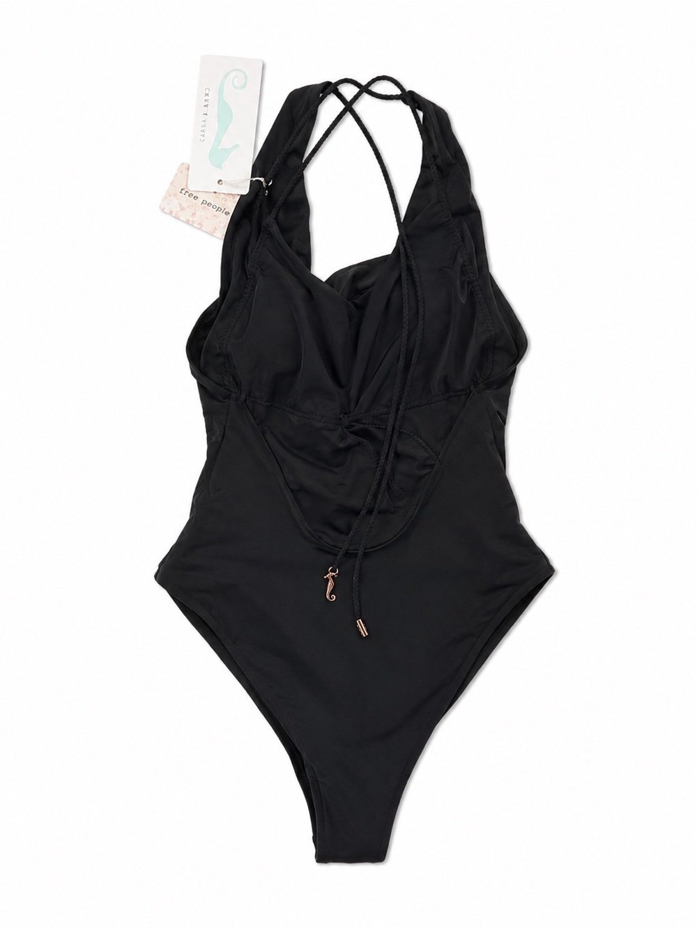 Free People Cabana Anna Black Ruched Halter One Piece Swimsuit NWT S